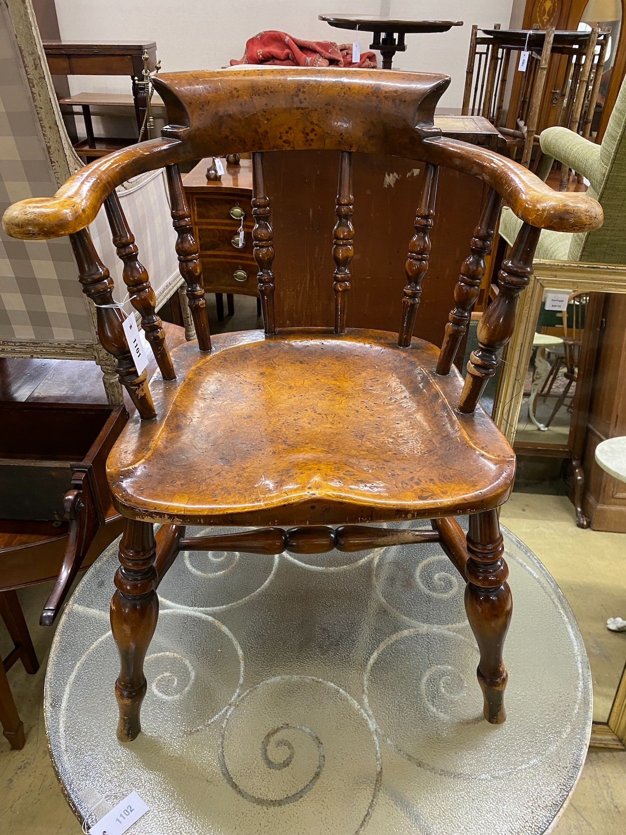 A Victorian style burr yew and fruitwood Windsor smoker's bow elbow chair, width 64cm, depth 49cm, height 84cm
